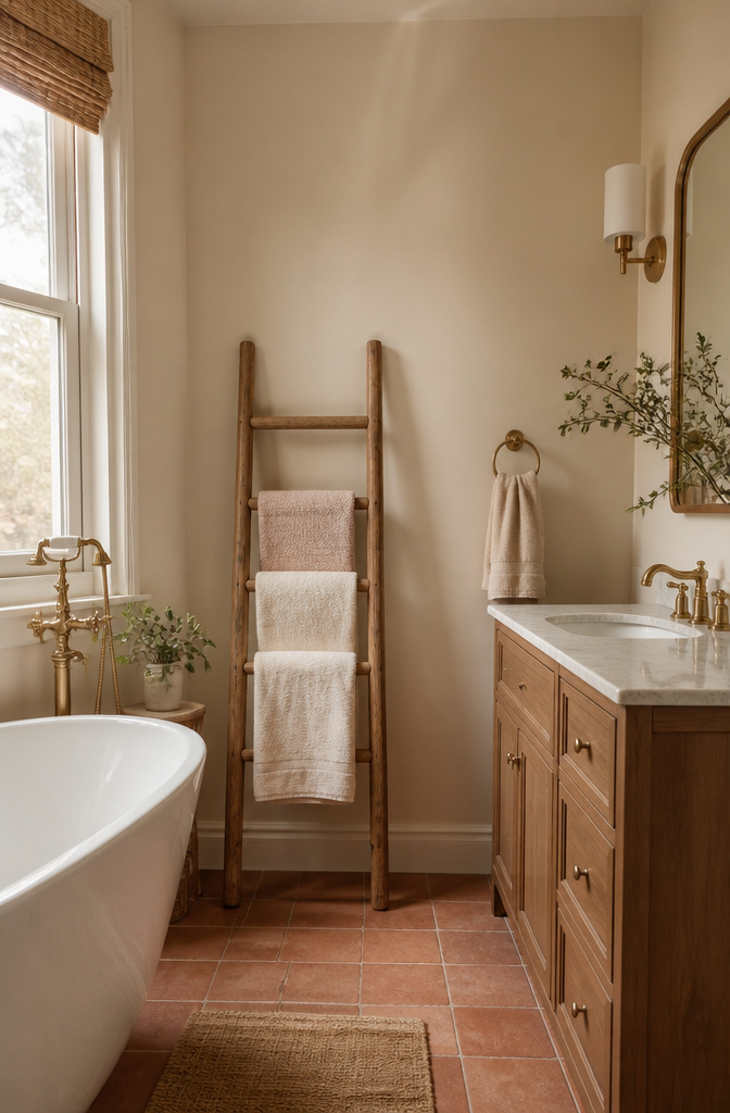 A bathroom with warm beige walls and terracotta floor tiles.