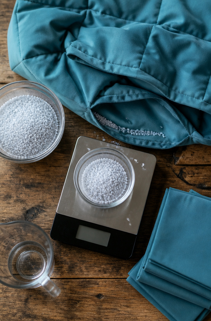 How to Make a DIY Weighted Blanket: 8 Steps for 2026 6 A kitchen scale and filled pockets of fabric ready for sewing.
