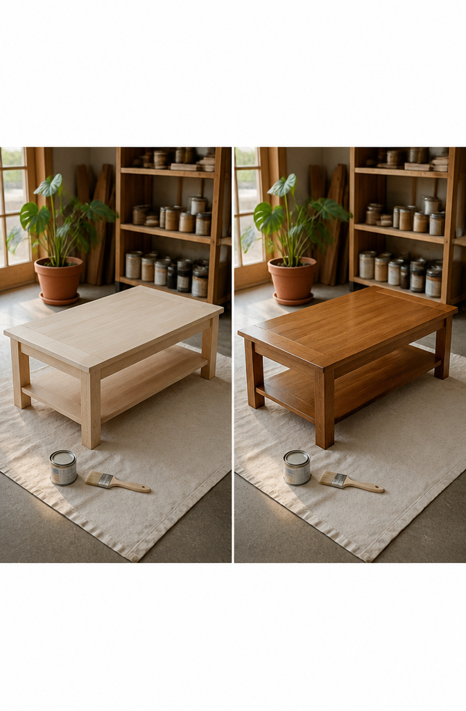 A brush applying Minwax stain to a wooden surface.