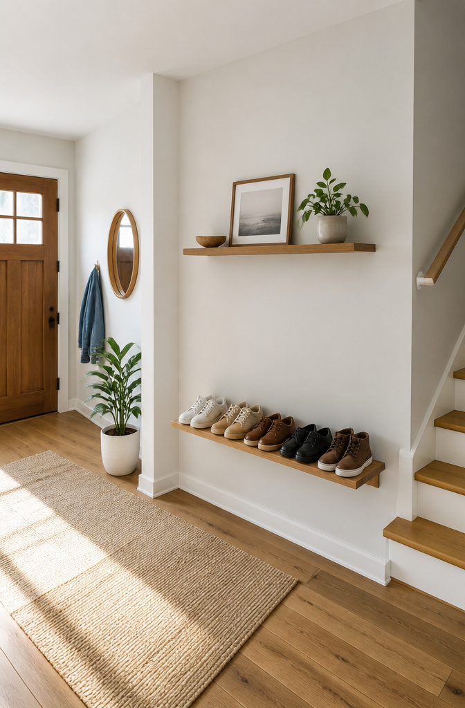 DIY Shoe Rack: 10 Plans for Wall, Tower, Bench and Closet Builds 6 A wall-mounted shoe storage unit with space for six pairs of shoes.