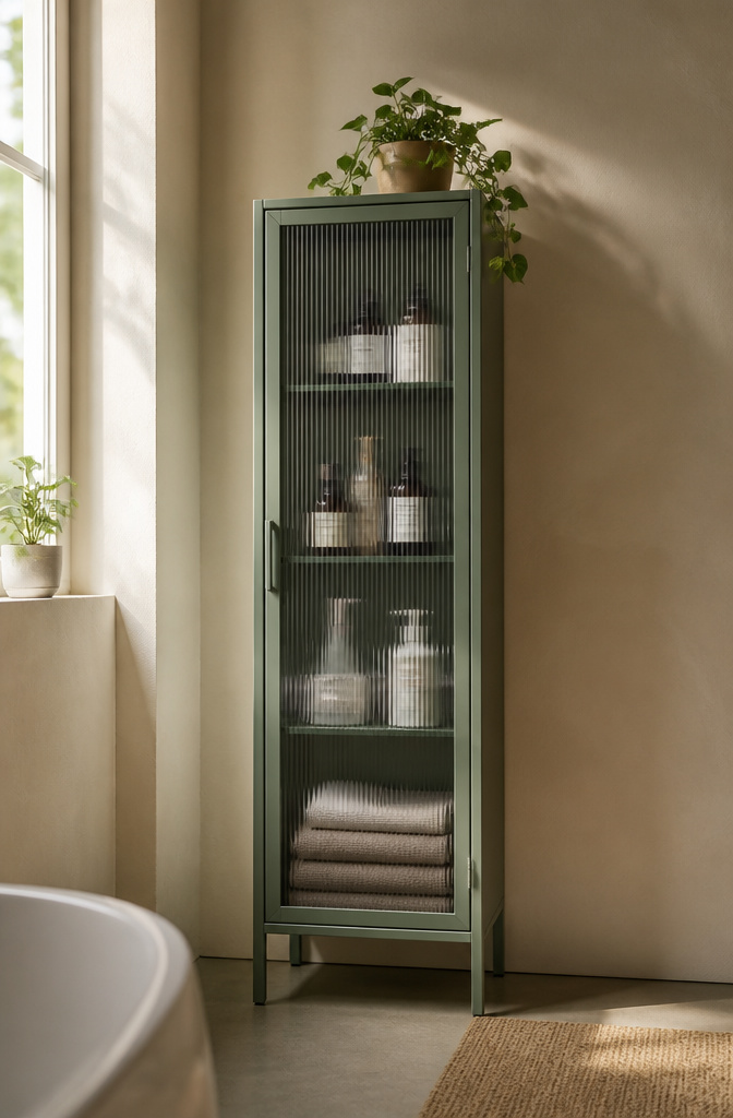 Bathroom Storage Cabinet: 7 Styles That Work in Small Spaces 6 IKEA MOSSJÖN glass-door cabinet with five shelves.