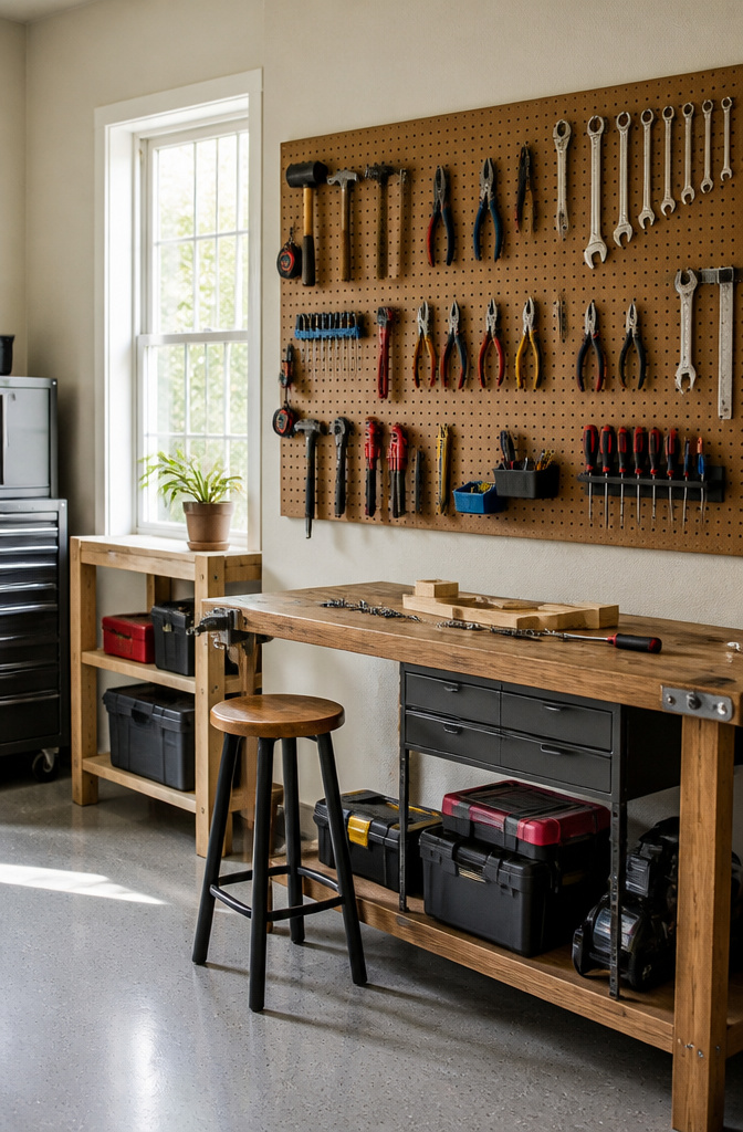 Pegboard with hooks holding various small hand tools in a garage.