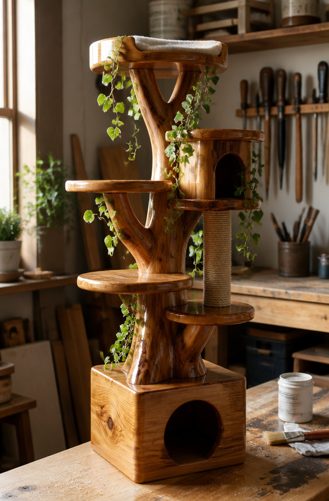How to Build a DIY Cat Tree: 5 Plans for 2026 6 A finished cat tree with a natural wood look and polyurethane coating.