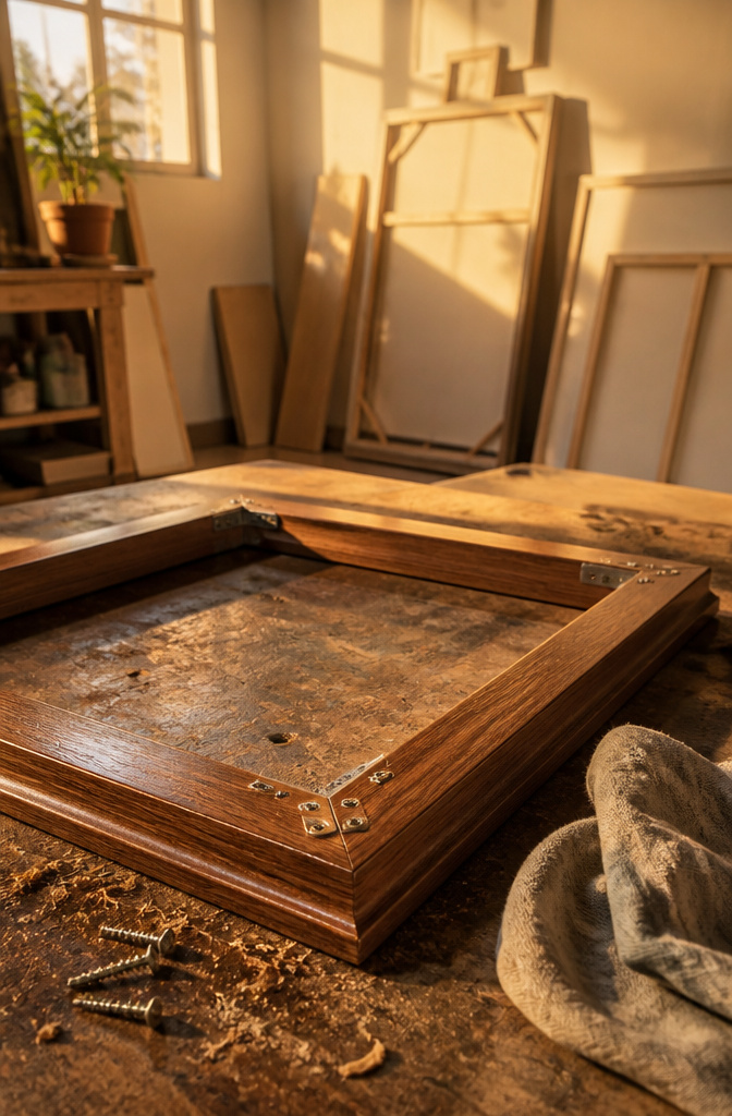DIY Picture Frame: 3 Ways to Build, Style, and Mount Your Own 6 A finished picture frame with corner braces being applied.