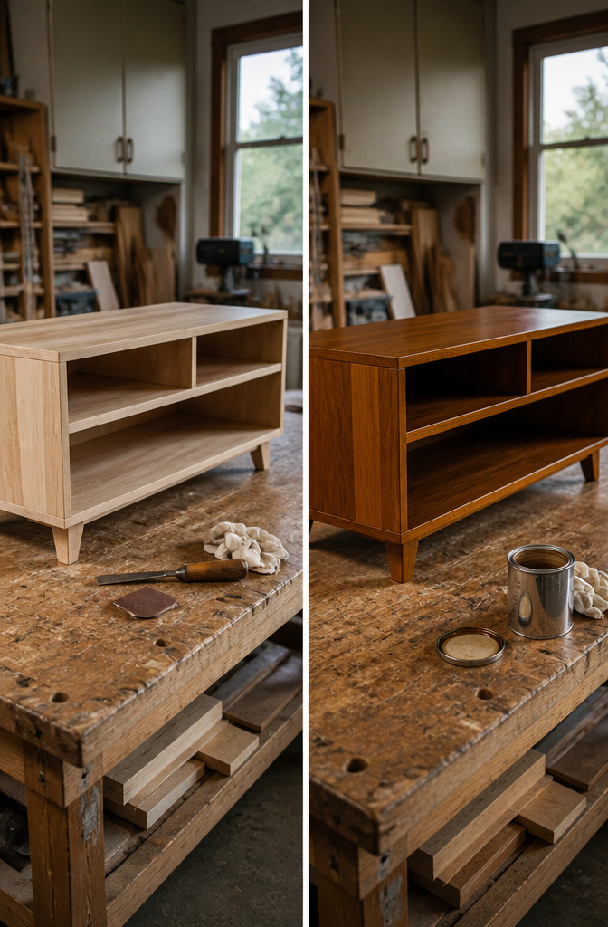 A DIY TV stand being sanded and prepared for staining.