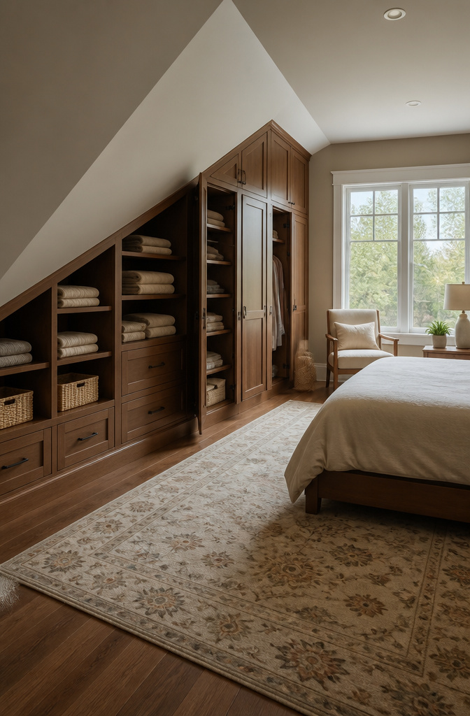 Built-in shelves and a window seat under a sloped ceiling.