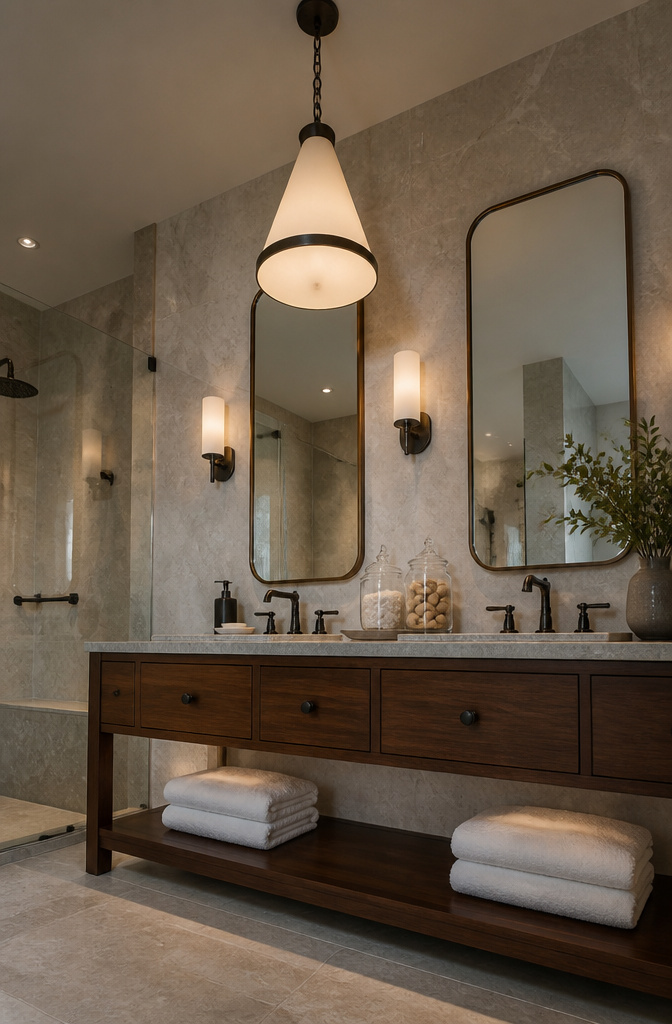 7 Bathroom Lighting Ideas for Every Design Style (2026) 6 A pendant light hanging above a bathroom countertop.