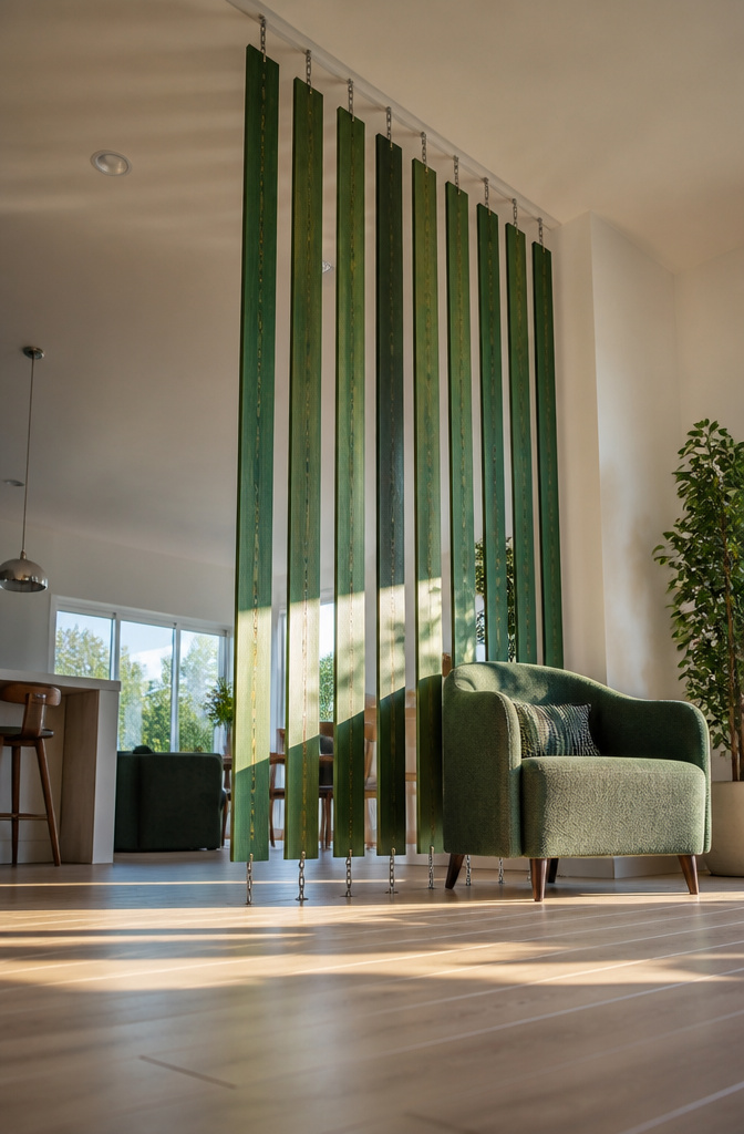 14 DIY Room Divider Ideas: Projects From Wallpaper to Wire 6 A hanging hardwood divider made from painted maple slats.