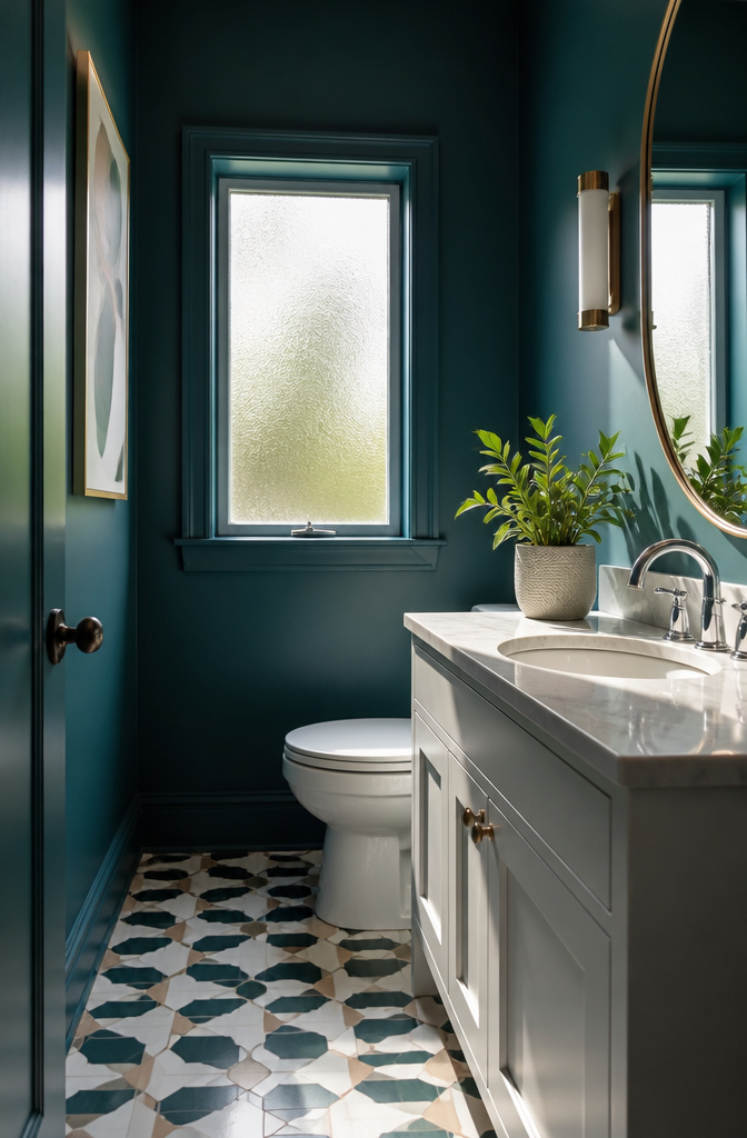 7 Half Bathroom Ideas for Storage, Color & Fixtures in 2026 6 Half bathroom with deep teal walls and geometric tile flooring.