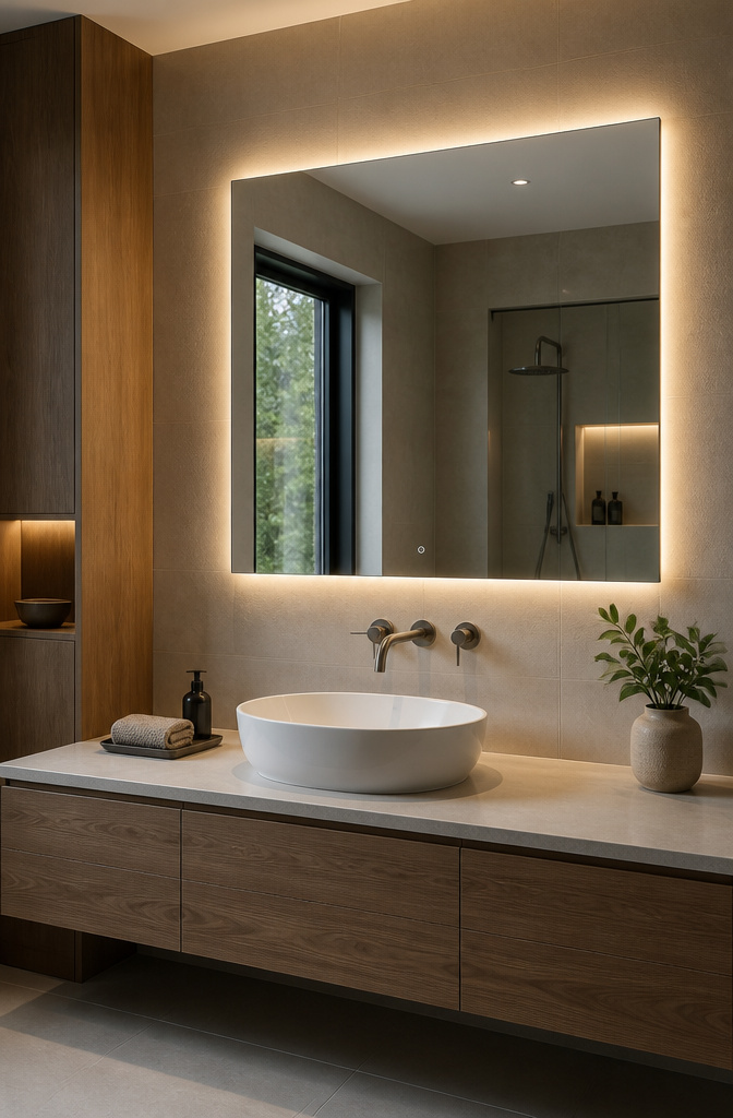15 Bathroom Mirror Ideas for 2026 – Types, Styles & Trends 6 Modern smart mirror with touch features in a minimalist bathroom.