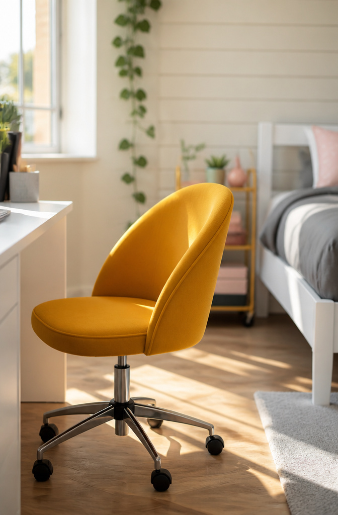 A bedroom with mustard yellow bedding and teal furniture.