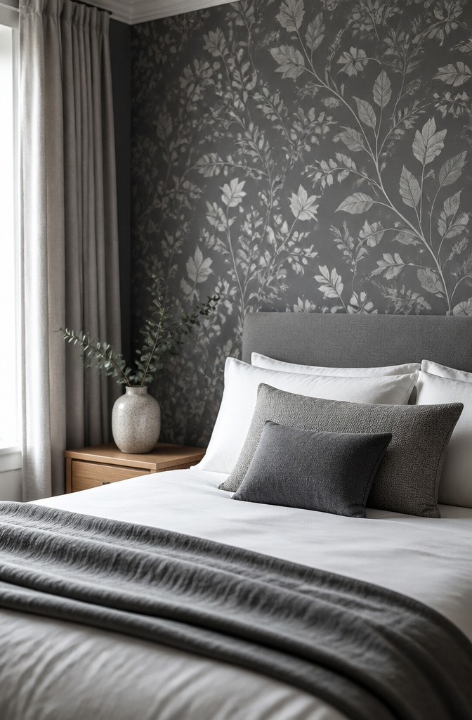 Dark grey wall with a grey-scale botanical mural.