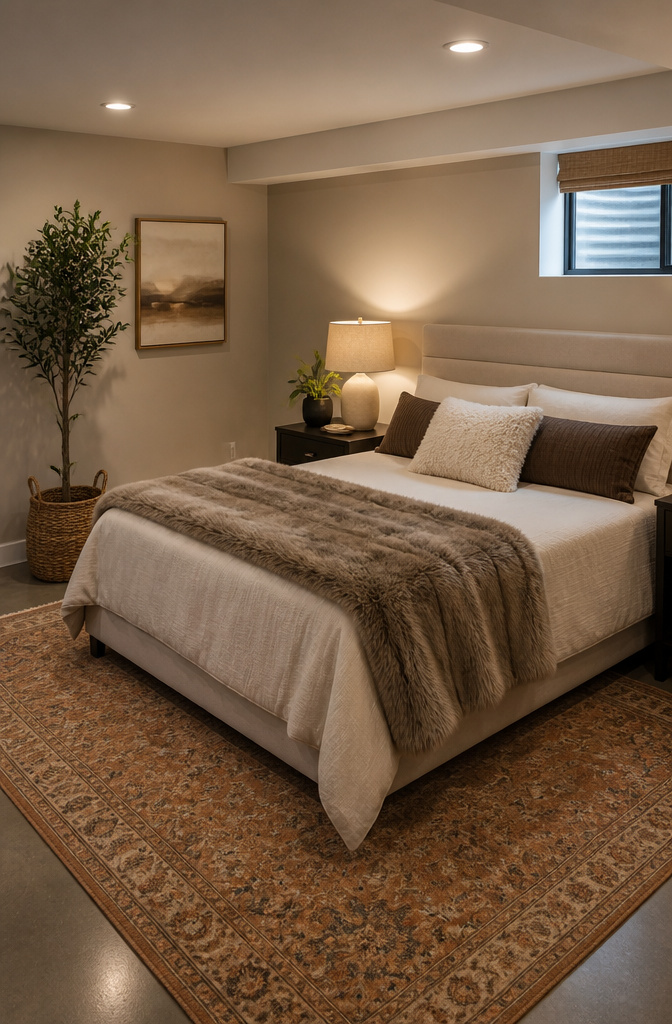 20 Basement Bedroom Ideas for 2026: Cozy, Warm, Practical 6 Basement bedroom with faux fur throw and bouclé pillow.