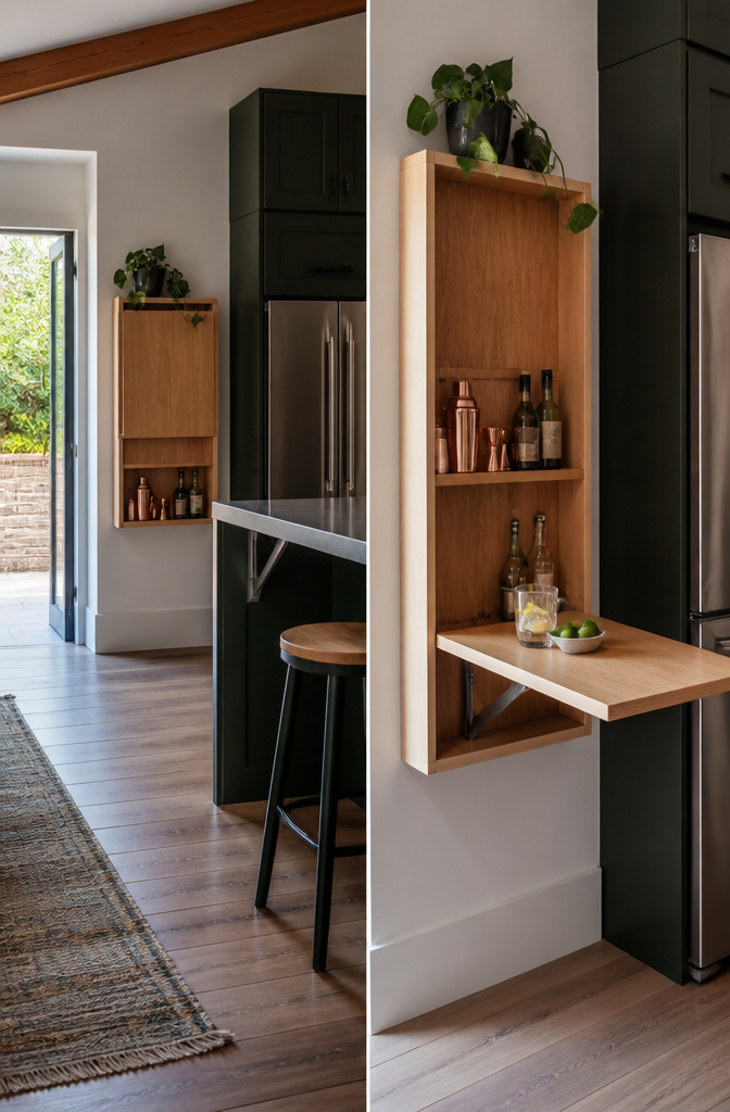 A fold-down bar table mounted on a wall with a clean design.