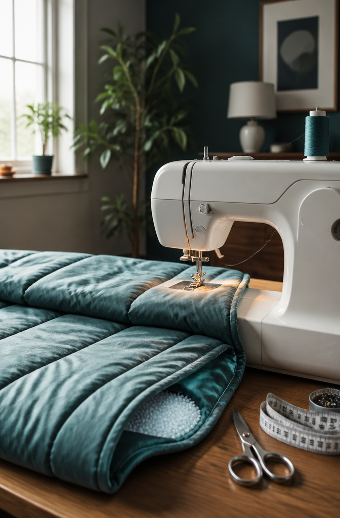 How to Make a DIY Weighted Blanket: 8 Steps for 2026 7 A sewing machine stitching horizontal seams on a filled weighted blanket.