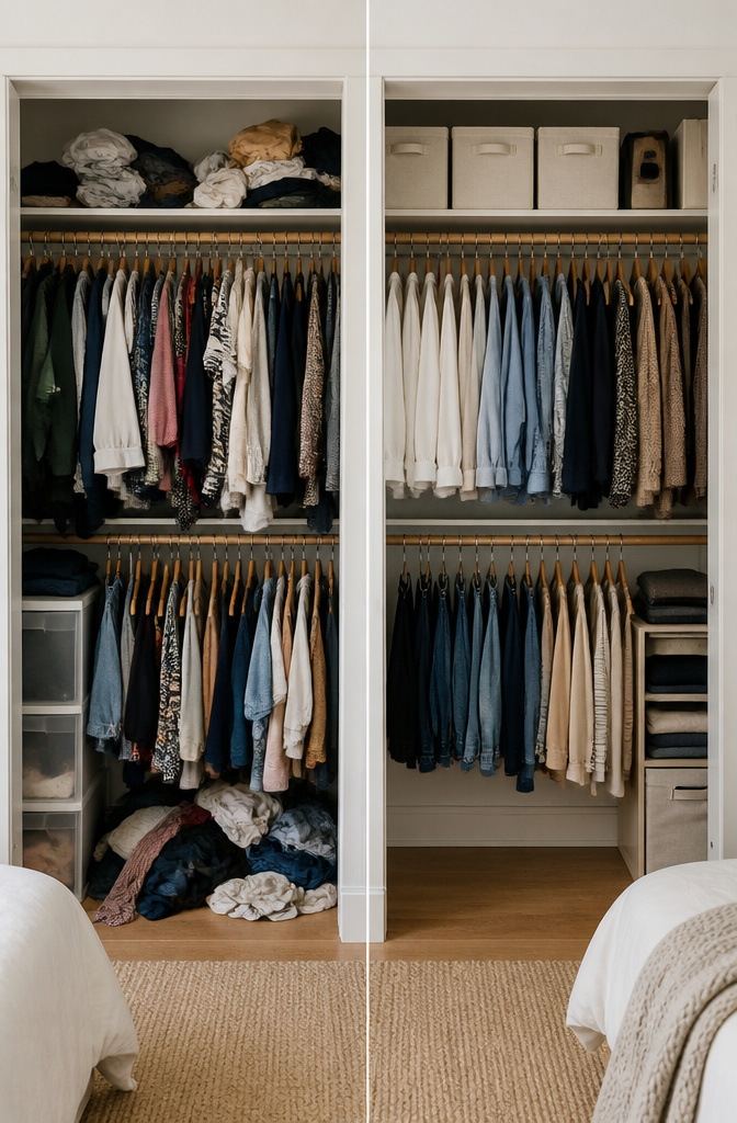 A tidy closet with organized clothing and empty space.