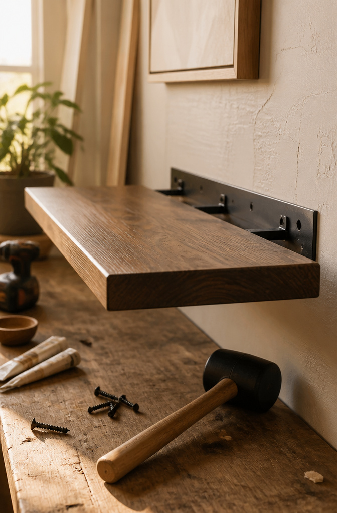 DIY Floating Shelves: A Complete Guide to 5 Styles for Every Room 7 Shelf being secured onto a wall-mounted bracket.