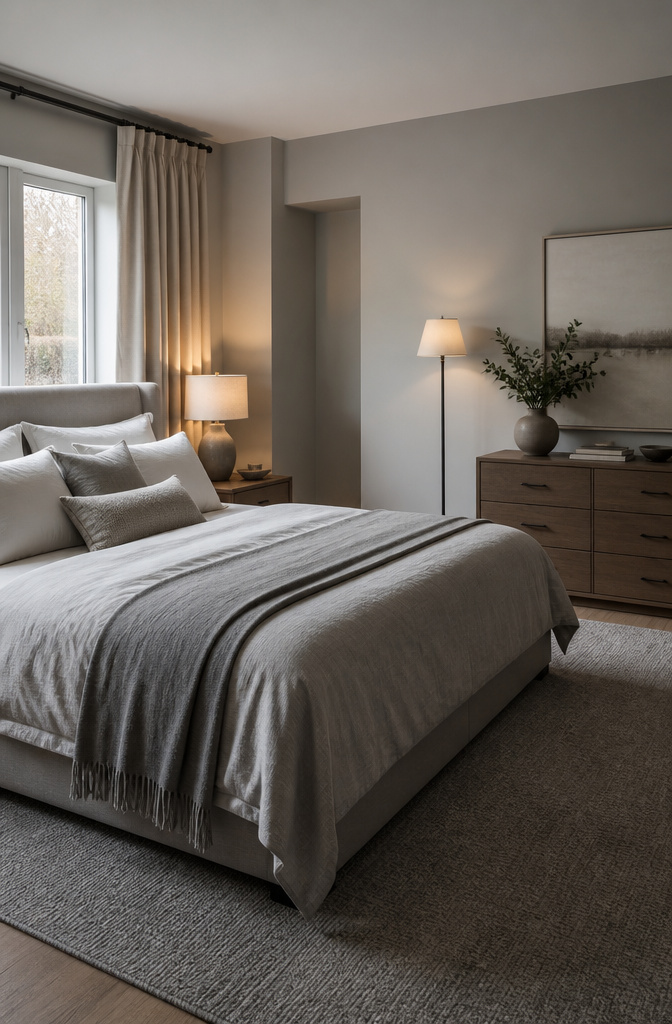 Serene bedroom with pale stone grey walls and soft lighting.