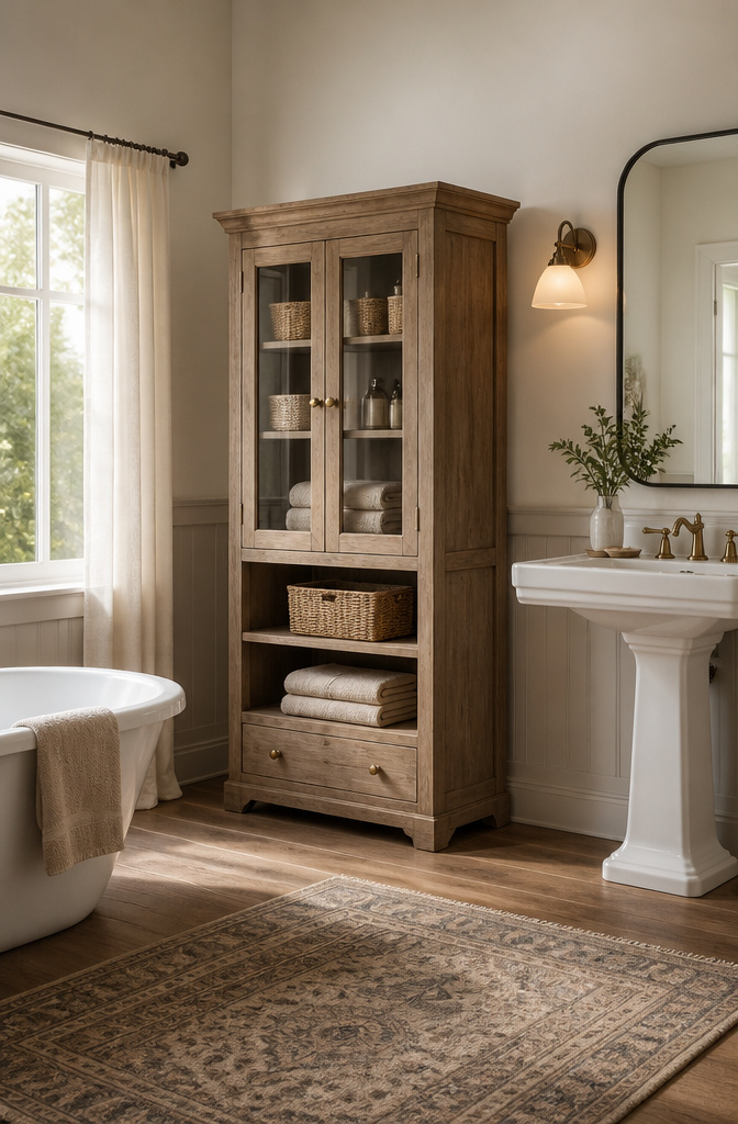 Bathroom Storage Cabinet: 7 Styles That Work in Small Spaces 7 Pottery Barn Rustic Storage Cabinet made of solid pine and glass.