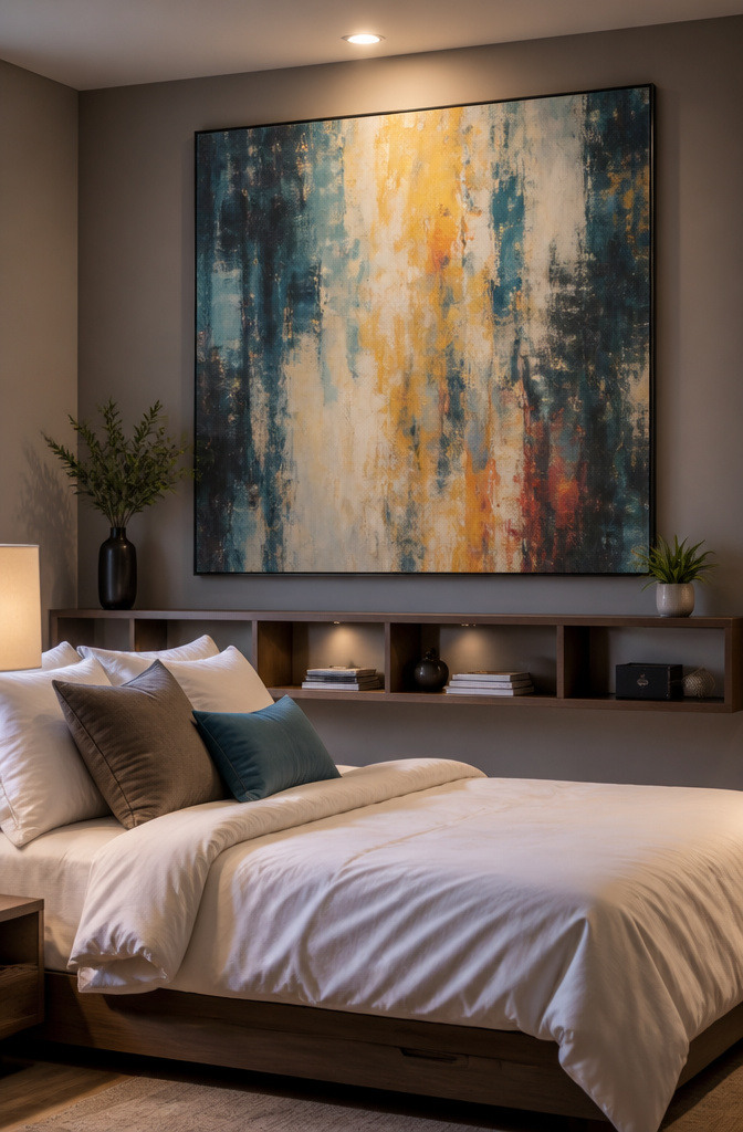 20 Basement Bedroom Ideas for 2026: Cozy, Warm, Practical 7 Basement bedroom featuring a large statement artwork above the bed.