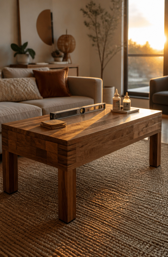 A level placed on a coffee table for final adjustments.