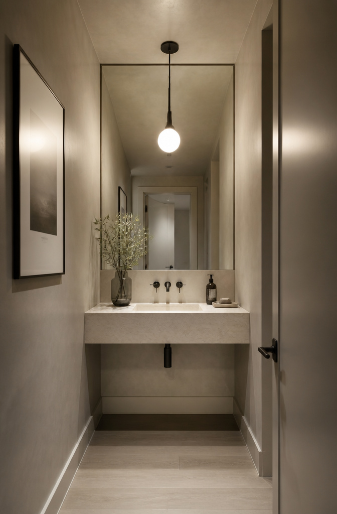 15 Bathroom Mirror Ideas for 2026 – Types, Styles & Trends 7 Full-wall mirror reflecting light in a narrow bathroom.