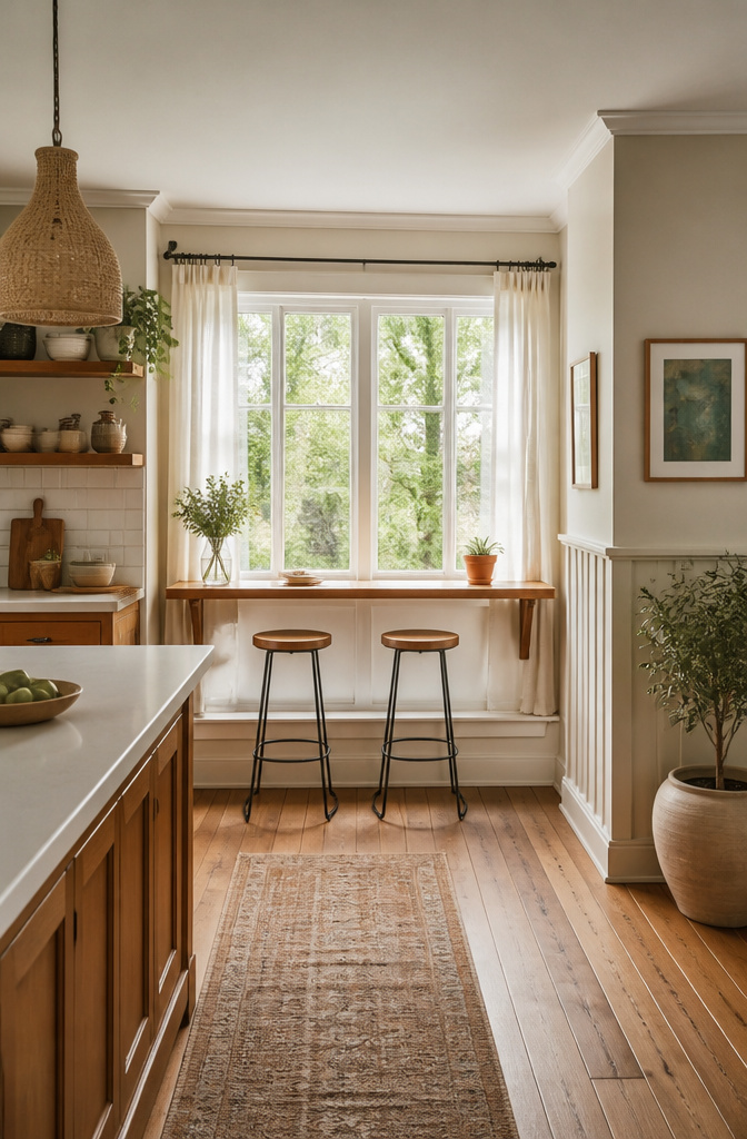 A window ledge transformed into a seating area with a bar.