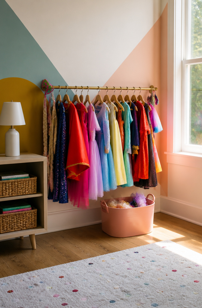 10 Toy Storage Ideas for Every Room (2026 Ideas That Work) 7 A dress-up station with colorful costumes displayed on a curtain rod.
