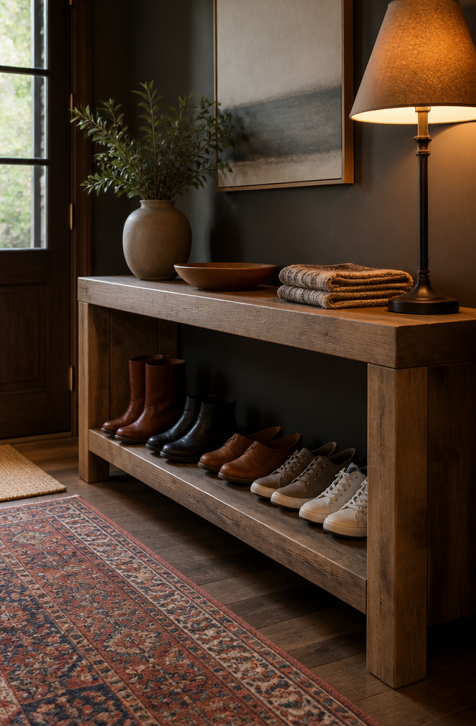 DIY Shoe Rack: 10 Plans for Wall, Tower, Bench and Closet Builds 7 A console table with a lower shelf displaying boots and shoes.