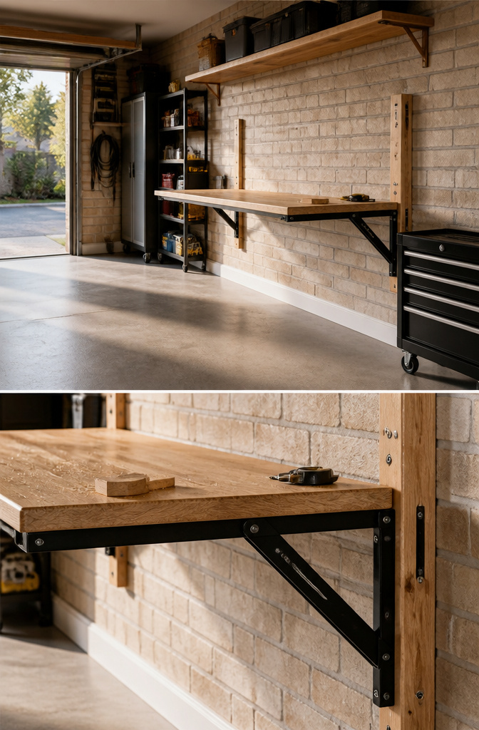 Folding workbench mounted to the wall in a garage.