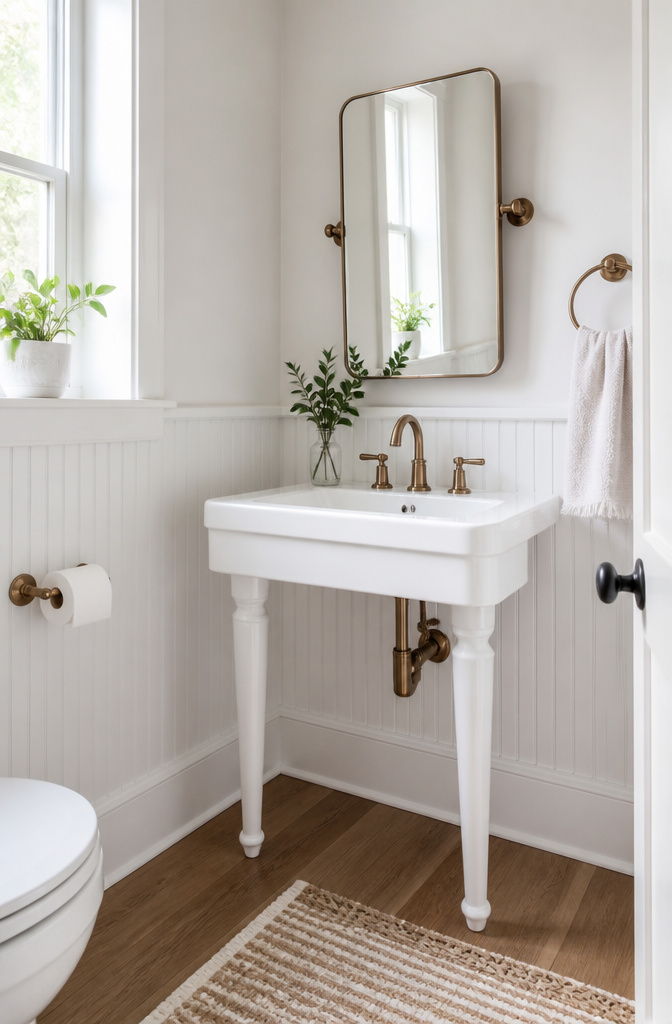 7 Half Bathroom Ideas for Storage, Color & Fixtures in 2026 7 Champagne bronze faucet and towel ring near a pedestal sink.