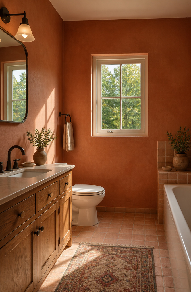 A bathroom with terracotta walls and white porcelain fixtures.