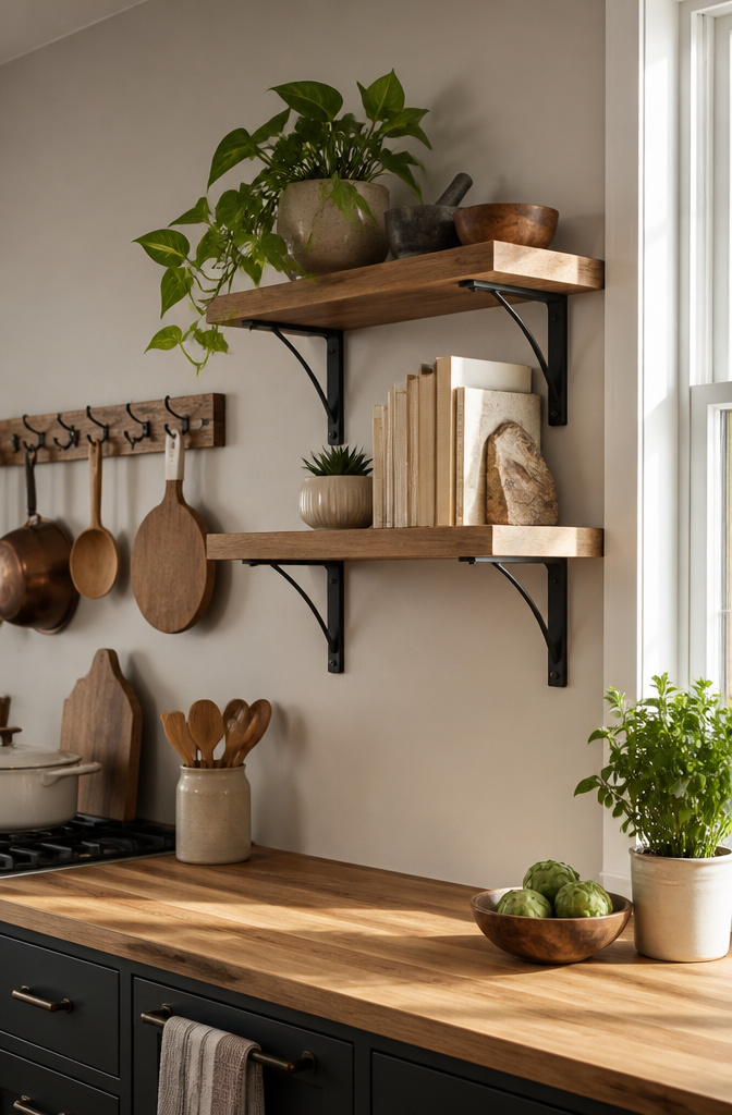 DIY Floating Shelves: A Complete Guide to 5 Styles for Every Room 8 Wooden shelf with black iron brackets holding cookbooks in a kitchen.