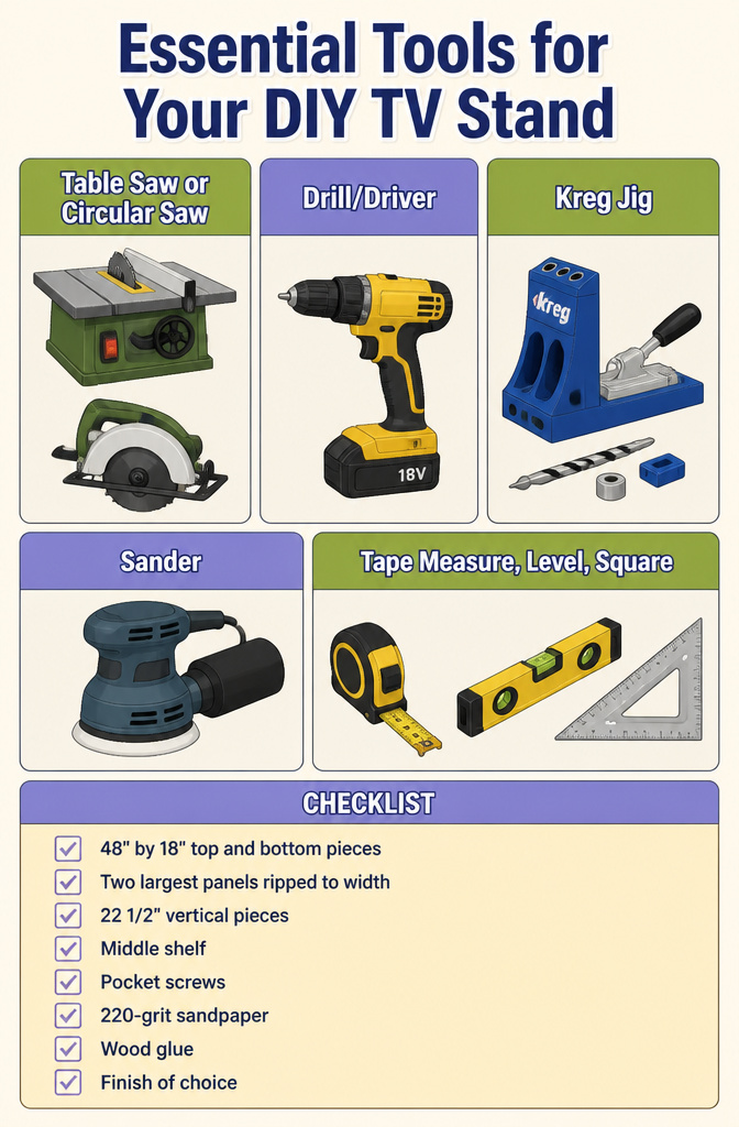 A table saw and other tools arranged for a DIY project.