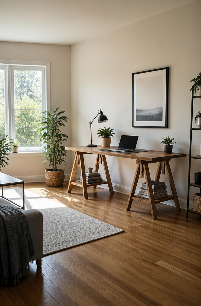 DIY Computer Desk: Build Plans and Alternative Ideas for 2026 8 Two trestles supporting a slab to create a simple desk.
