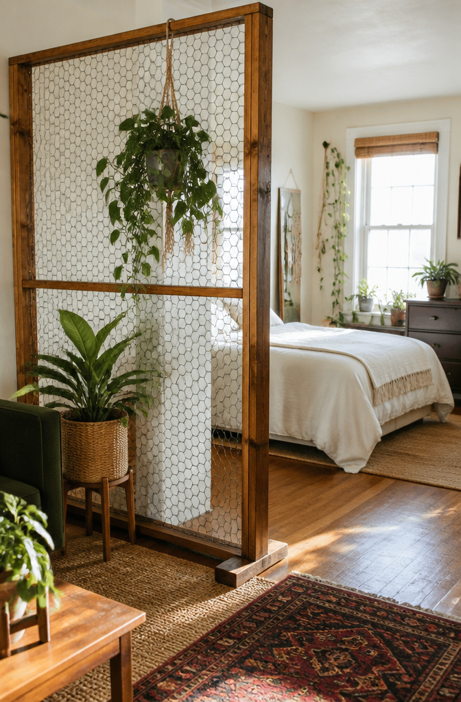 14 DIY Room Divider Ideas: Projects From Wallpaper to Wire 8 A chicken wire screen in a rustic framed design.