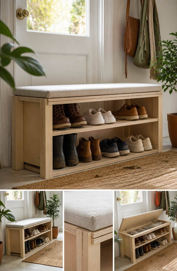 DIY Shoe Rack: 10 Plans for Wall, Tower, Bench and Closet Builds 8 A bench with open shelves for storing shoes and boots.