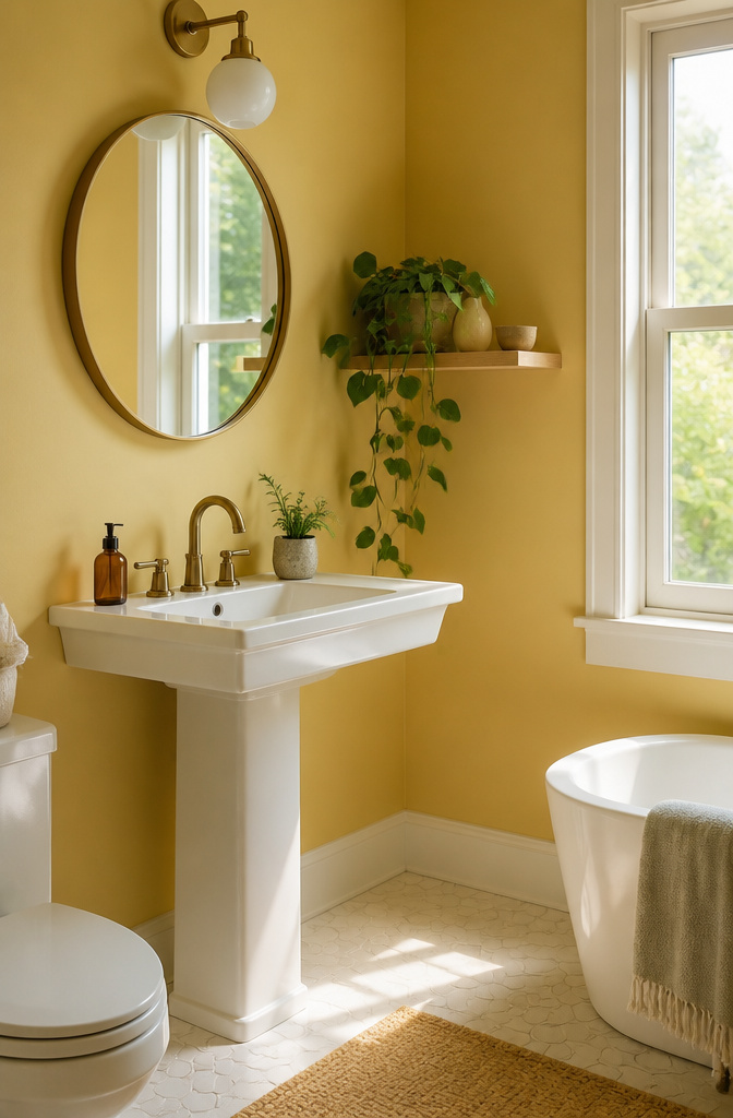 A bathroom painted in warm yellow with white porcelain sink.