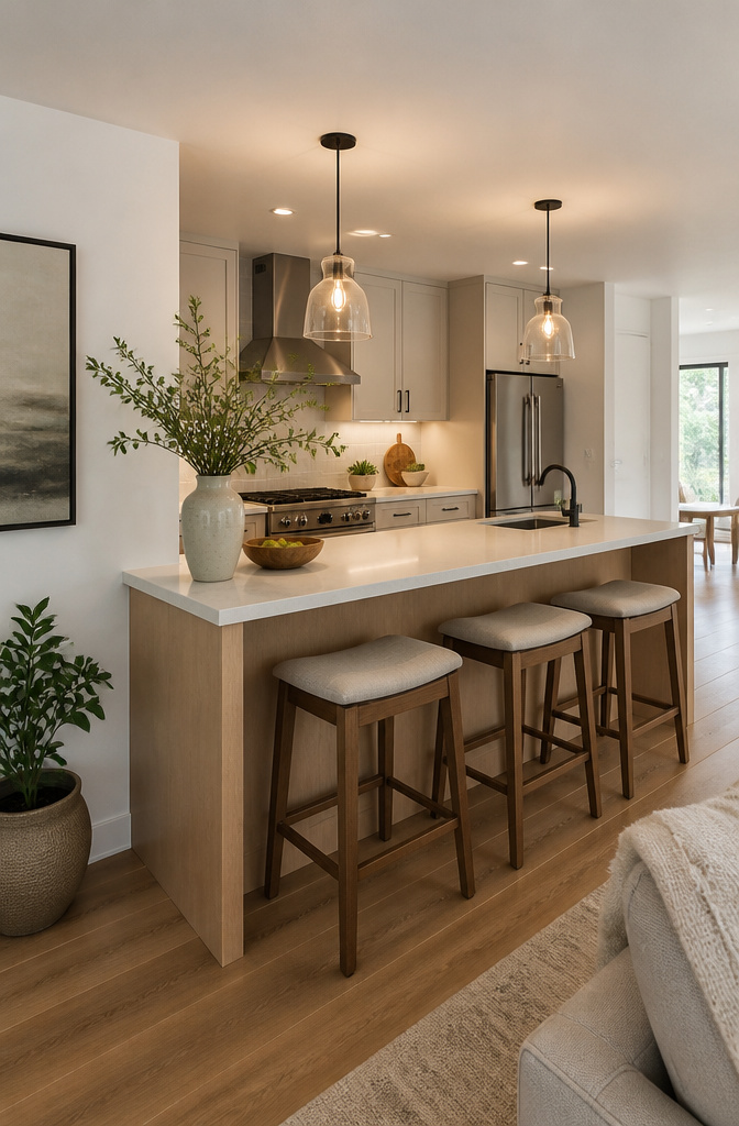 A peninsula bar with a polished countertop and bar stools.