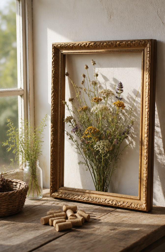 DIY Picture Frame: 3 Ways to Build, Style, and Mount Your Own 8 An open back picture frame displaying a bouquet of wildflowers.