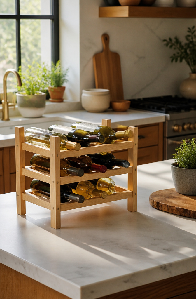 Countertop wine rack displaying bottles on a kitchen surface.