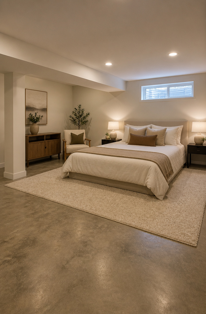 20 Basement Bedroom Ideas for 2026: Cozy, Warm, Practical 8 Basement bedroom with a large area rug under the bed.
