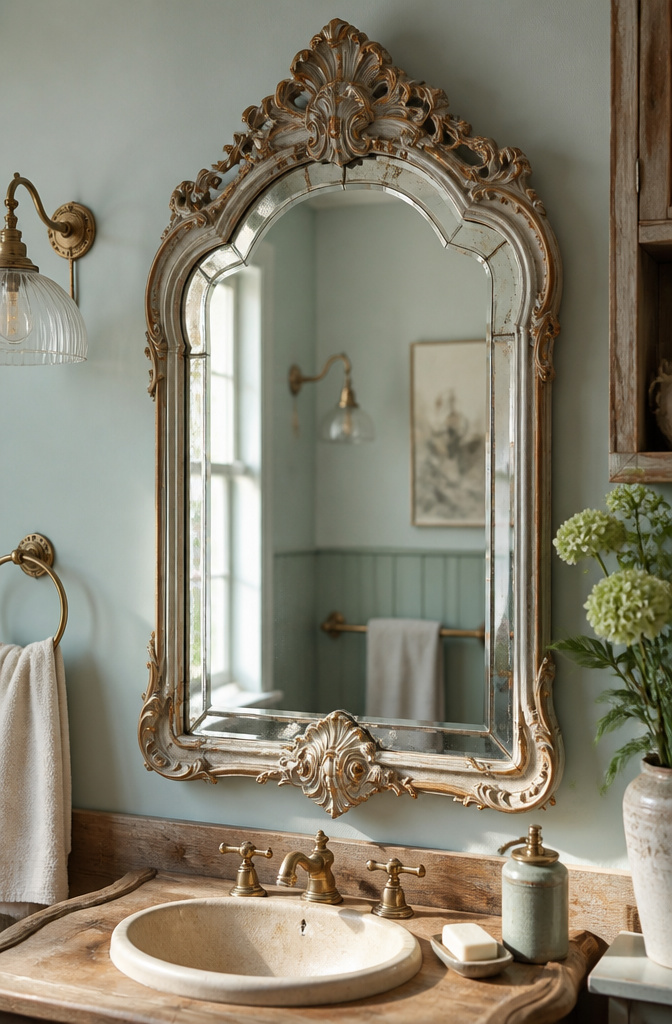 15 Bathroom Mirror Ideas for 2026 – Types, Styles & Trends 8 Antique-style mirror with ornate edges in a bathroom setting.