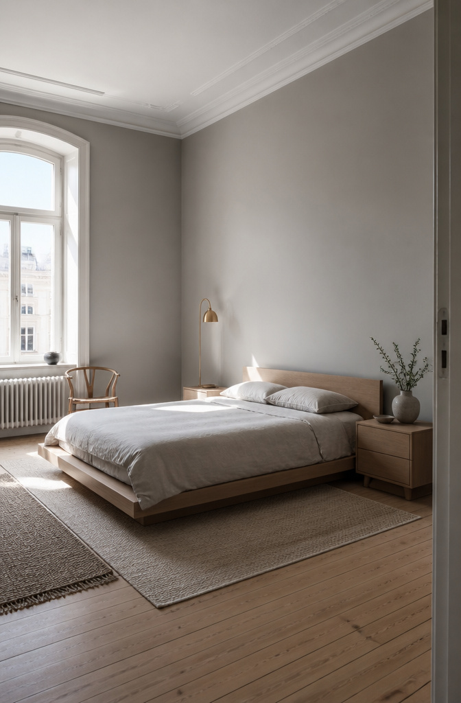 Scandinavian-style bedroom with warm grey walls and minimal decor.