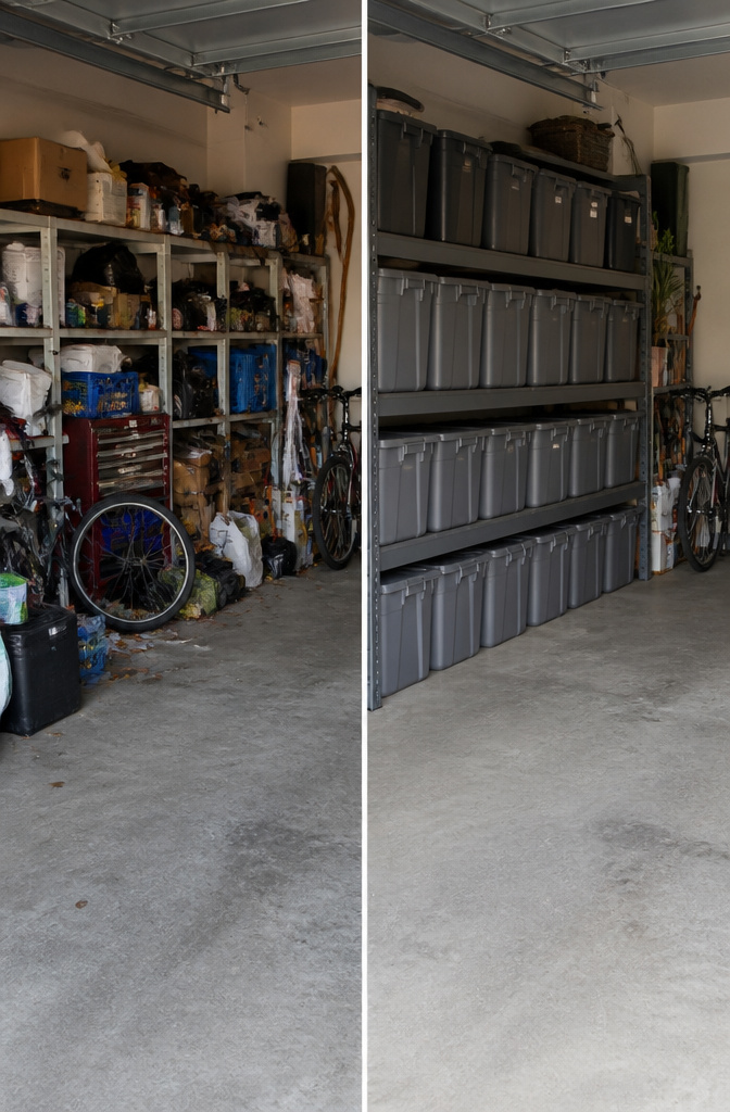 Opaque storage bins lined up on a shelf in a garage.