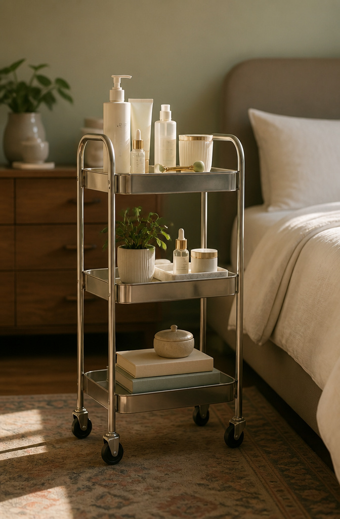 A utility cart with multiple tiers placed beside a bed.