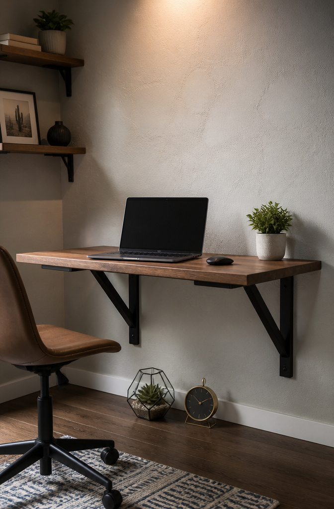 DIY Computer Desk: Build Plans and Alternative Ideas for 2026 9 A wall-mounted desk supported by shelf brackets.