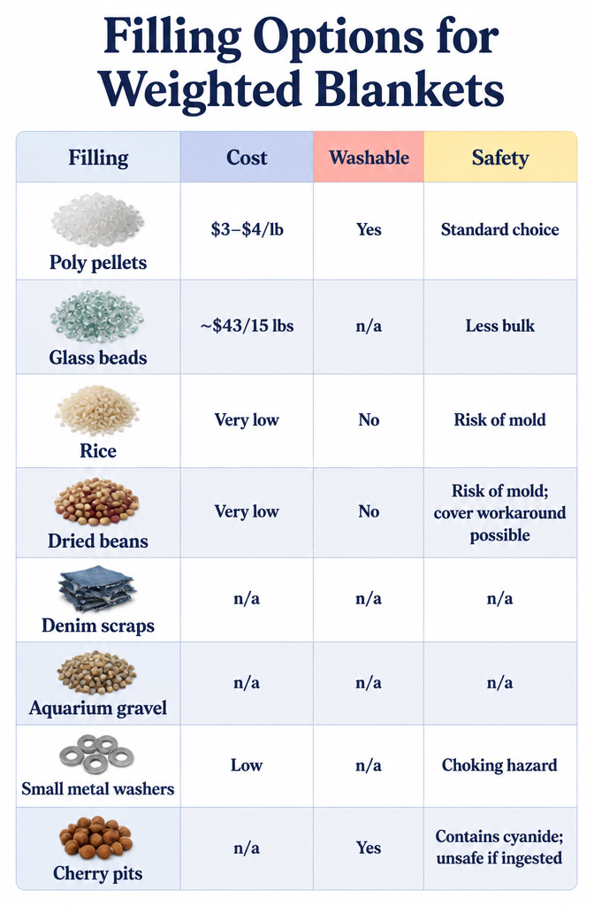 How to Make a DIY Weighted Blanket: 8 Steps for 2026 9 A chart listing various filling options with costs and washability.