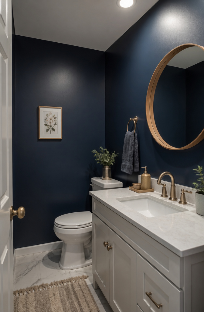 A bathroom with navy blue walls and white fixtures.