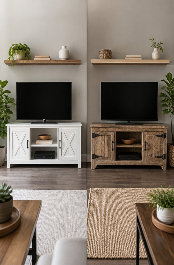 Three variations of a TV stand showcasing different finishes.